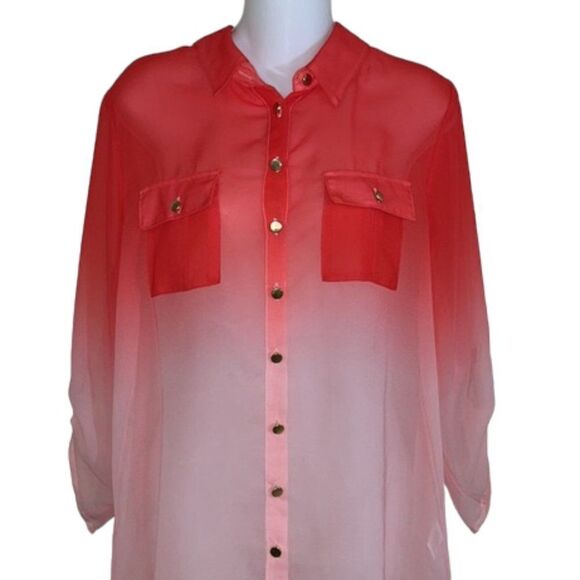 HALO Women's Ombré Dip Dye Button Tab Sleeve Sheer Blouse in Coral Size Medium - Picture 2 of 12